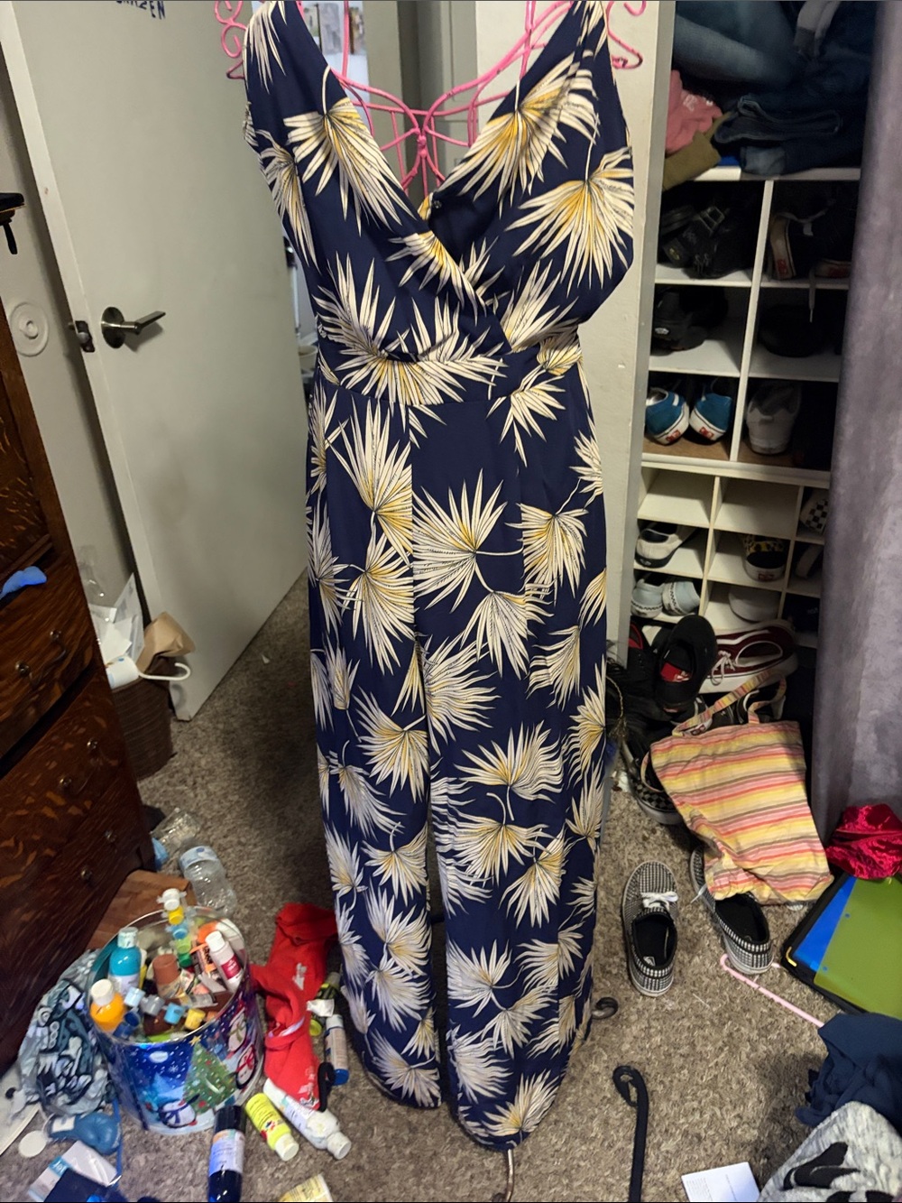Navy Palm-Print jumper suit